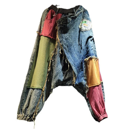 YEAE personalized crotch pants women's 2024 autumn new asymmetrical color matching loose large size jeans