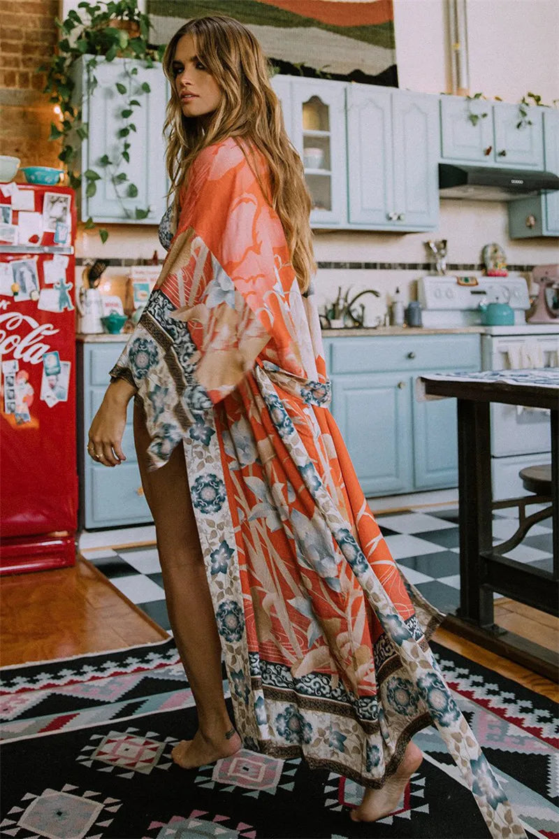Swimwears Sexy Beach Coverups Long Sleeve Kimonos Cardigans for Women Red Print Swimsuit Cover Up with Belt