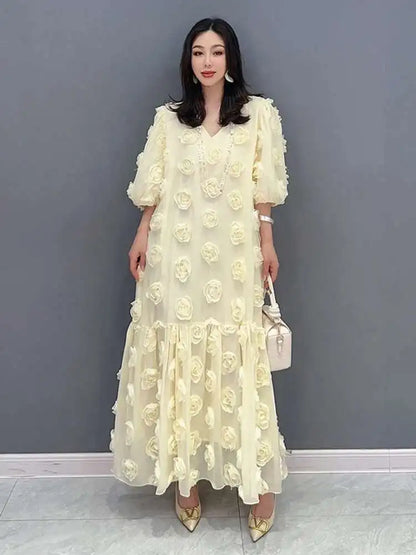 SHENGPALAE Fashion Rose Blossom Bubble Sleeve V-Neck Dress Elegan Chic Short Sleeve Robe Women's 2024 Summer New Clothing 5R3438