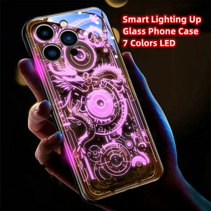 Wood Grain Dragon Emblem Sound Control LED Flash Cases Luminous Glass Cover For XiaoMi 15 14 13 12 11 Pro Ultra