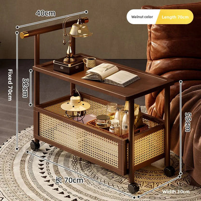 Wooden antique style coffee table, mobile coffee table, sofa side table, cart with pulley storage rack, rattan fence decoration