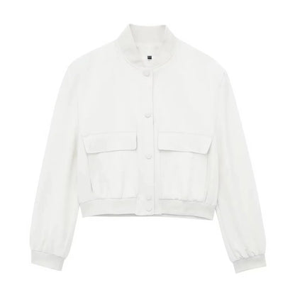 HH Women Casual Solid Bomber Jackets Fashion Long Sleeve Buttons Crop Coats Pockets Female 2025 Autumn Elegant Outerwear