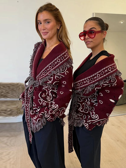 Women Tassel Knit Cardigans Fashion V Neck Long Sleeve Belt Female Knitwear 2026 Spring Autumn Elegant Ladies New In Outerwears