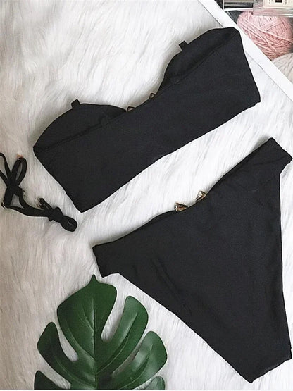 Sexy Black Bikini 2025 Women Bandeau High Cut Push Up Padded Luxury Solid Rhinestone Swimwear Brazilian Bathing Suit Swimsuit