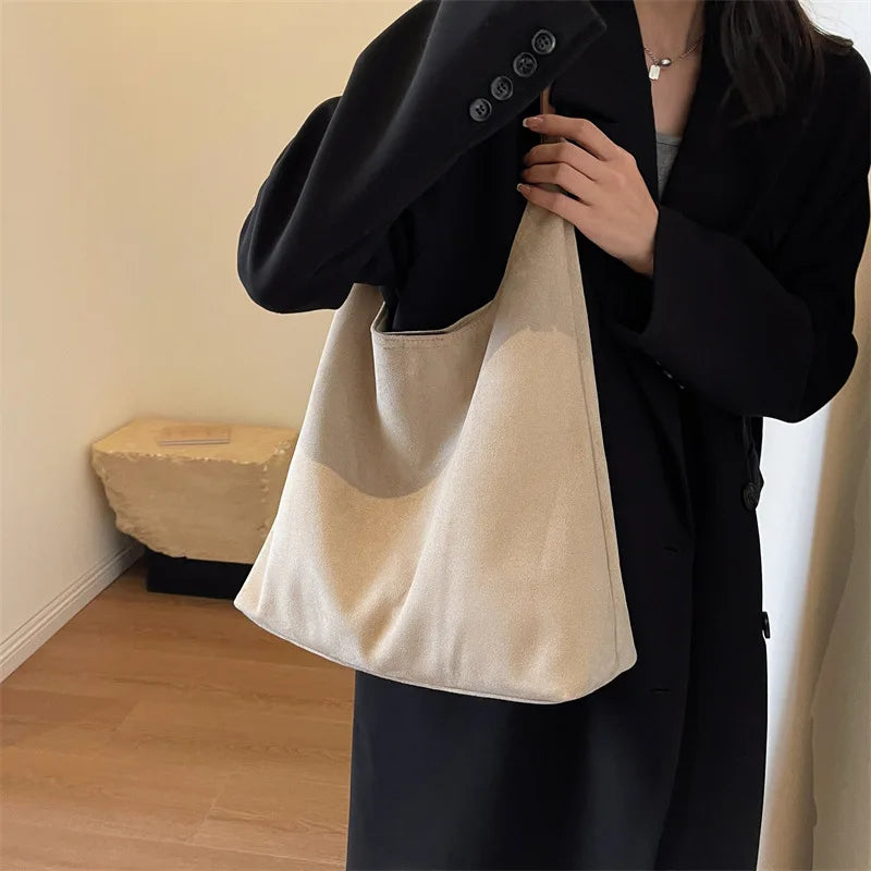 Korean Suede Bucket Bag, Women's Casual Commuting Shoulder Tote Bag, Autumn/Winter 2025 New Underarm Set Bag
