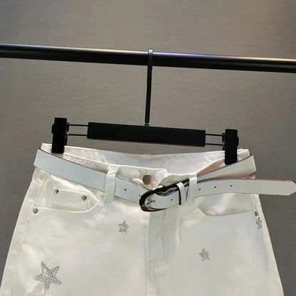 White Jeans Women's Spring Summer 2025 New Loose Star Studded Hot Stamping perforated Chimney Pants Female Casual Denim Trousers