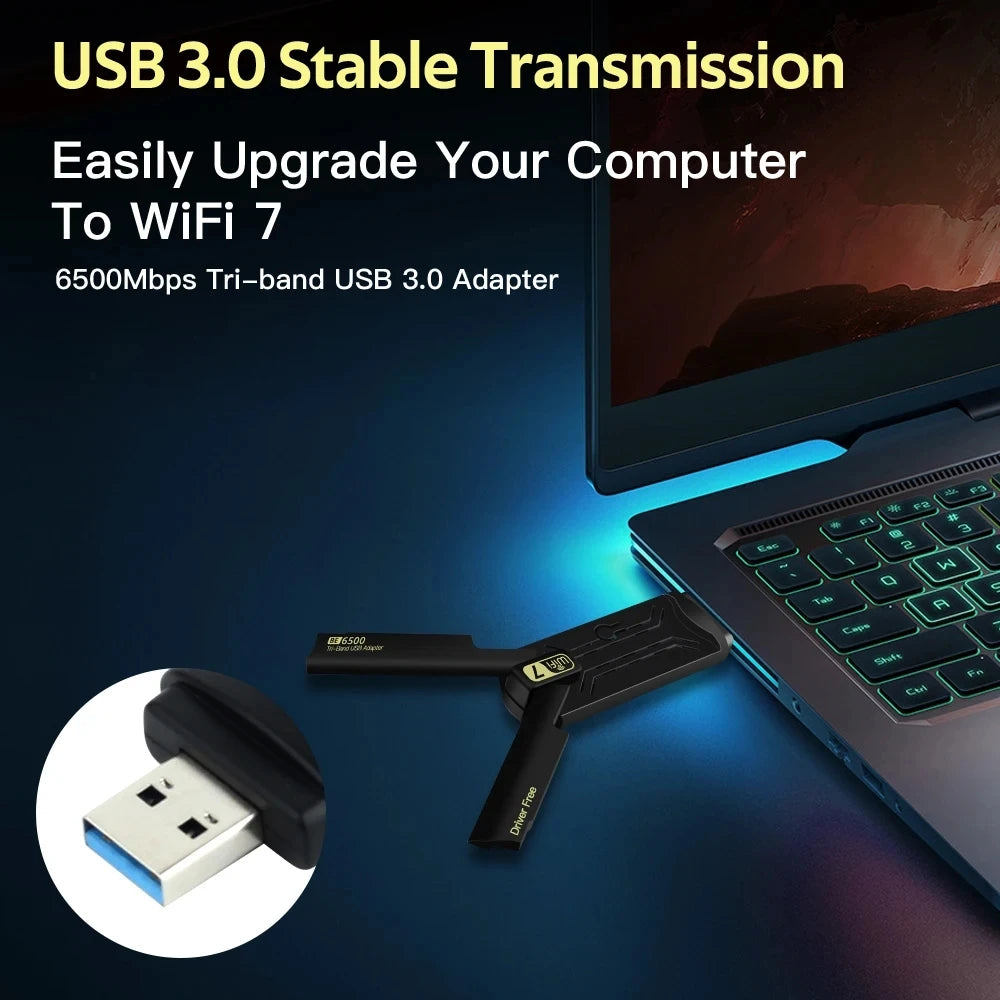WiFi 7 Ethernet Adapter 6500Mbps USB 3.0 Wireless Network Card Triple Band Receiver For PC/Laptop Windows 10/11 Driver Free