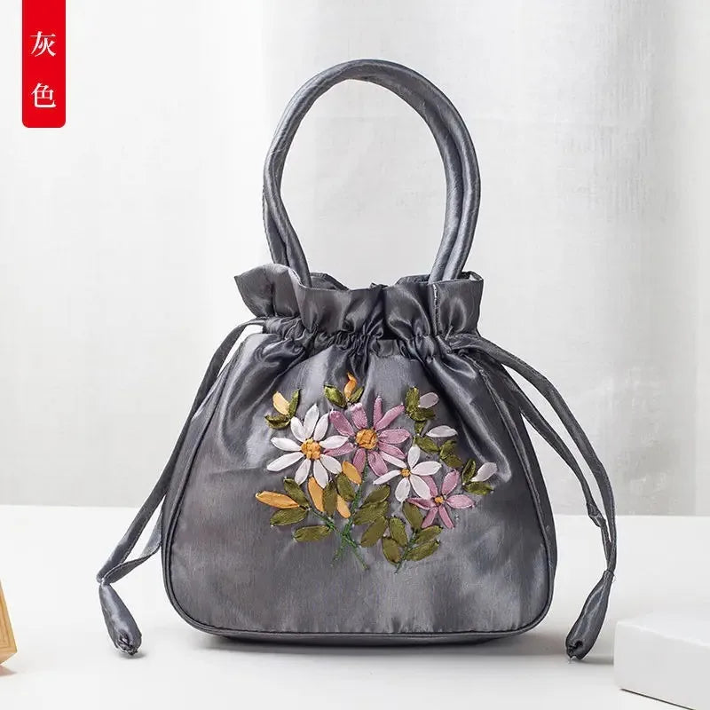 Women Bucket Bag Top Handle Ladies Handbag Phone Bag Summer Small Purse National Style Embroidered Flower Pattern Drawstring Bag