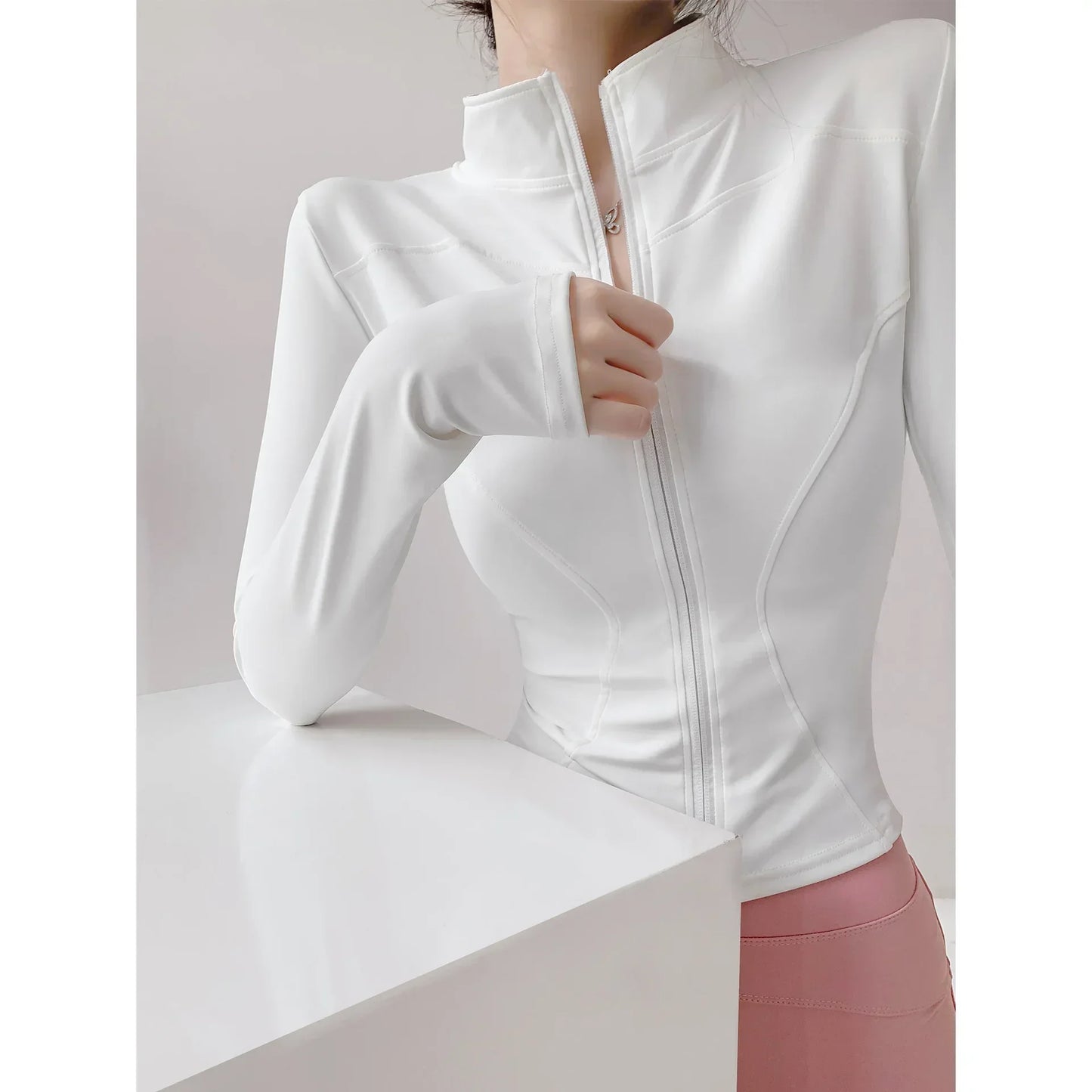 S-3XL Women's Fitness Jackets Yoga Coat with Zipper Slim Running Wear Stretch Gym Crop Top Lightweight Sports Outerwear Hoodless