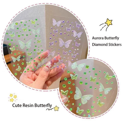 1/3/5 Sheets Kawaii Children's Butterfly Face Stickers Self-adhesive Pink/Green Elf Rhinestone Resin Butterfly Decals For Makeup