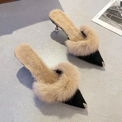Women High Heel Shoes 2025 Fur Slippers Mules Pointed Toe Furry Slides Fashion Elegant Luxury Designer Flip Flops Office Pumps