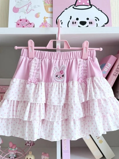 Sweet Japanese Elastic Waist Pink Polka Dot Skirts Kawaii Fashion Patchwork Loose Short Skirt Women's Design Bow Lovely Outfits