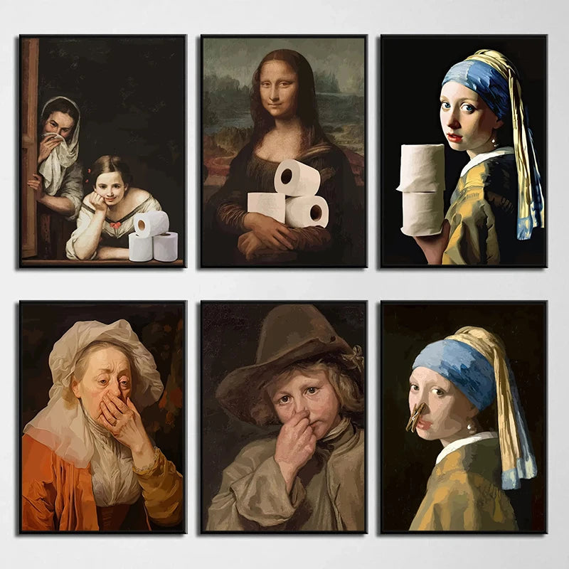Funny Bathroom Toilet Decoration Painting Mona Lisa Wearing Pearls Girl with Roll Paper Canvas Prints Posters Home Wall Decor
