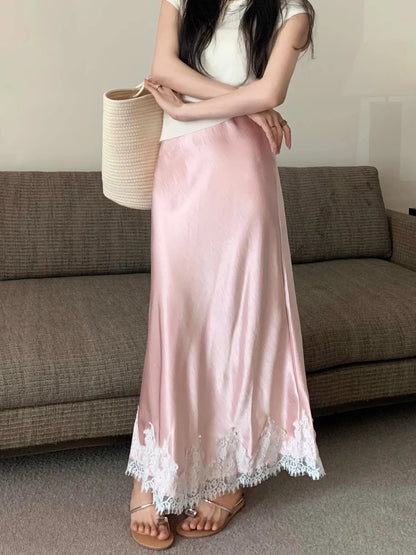 Elegant Long Skirts for Women Summer High Waist Lace Satin Skirt Women's A-line Korean Fashion Solid Color Loose Women's Skirt