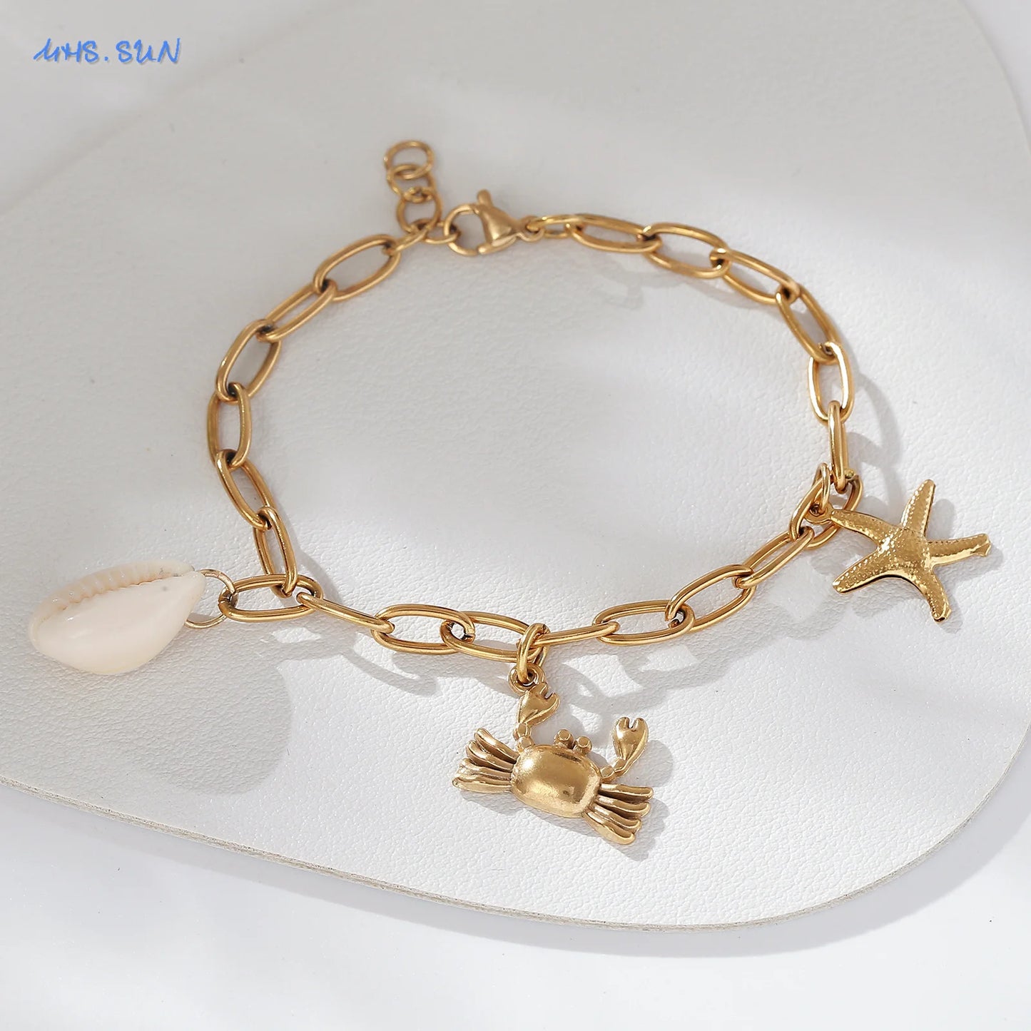 MHS.SUN Summer Starfish Conch Crab Charms Chain Bracelets Trendy Stainless Steel Ocean Style Beach Waterproof Jewelry For Women