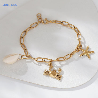 MHS.SUN Summer Starfish Conch Crab Charms Chain Bracelets Trendy Stainless Steel Ocean Style Beach Waterproof Jewelry For Women