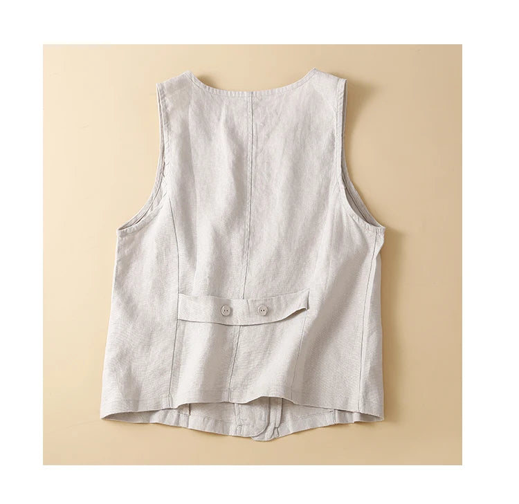 TingYiLi Cotton Linen Sleeveless Jacket For Women Summer V-neck White Khaki Green Black Vest Korean Style Waistcoat Cardigan
