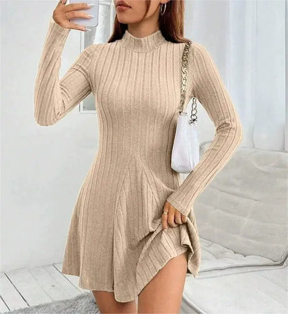 Women Autumn Winter Knitted Dress Lady Casual Long Sleeve Half High Collar Mini Dress Versatile Black Dress Woman Youth Dresses