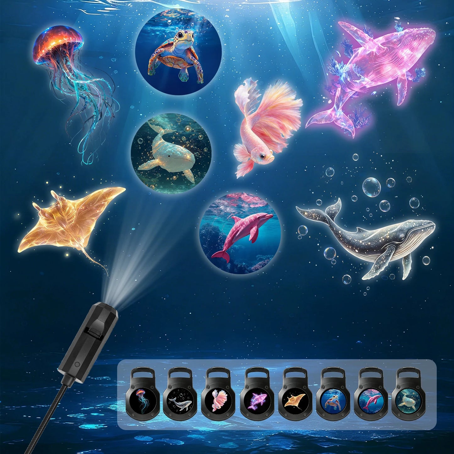 Portable marine life projector light, featuring 8 light panels including jellyfish, whale, and sea turtle; USB powered, 360° rot