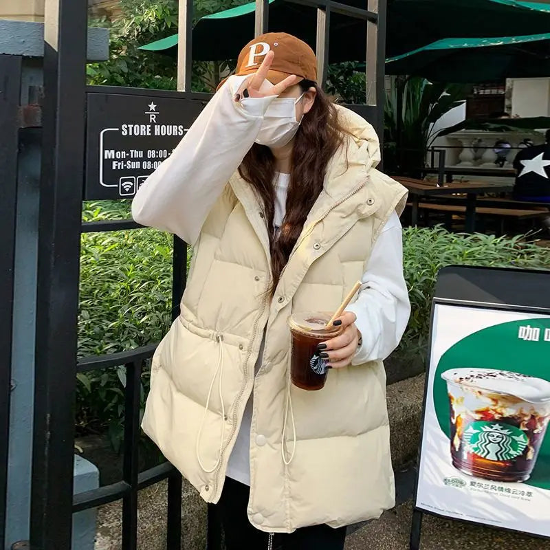 M-4XL Hooded Vests Women Solid Korean Style Fashion Harajuku Autumn Winter College Loose All-match Waistcoats Zip Up Leisure
