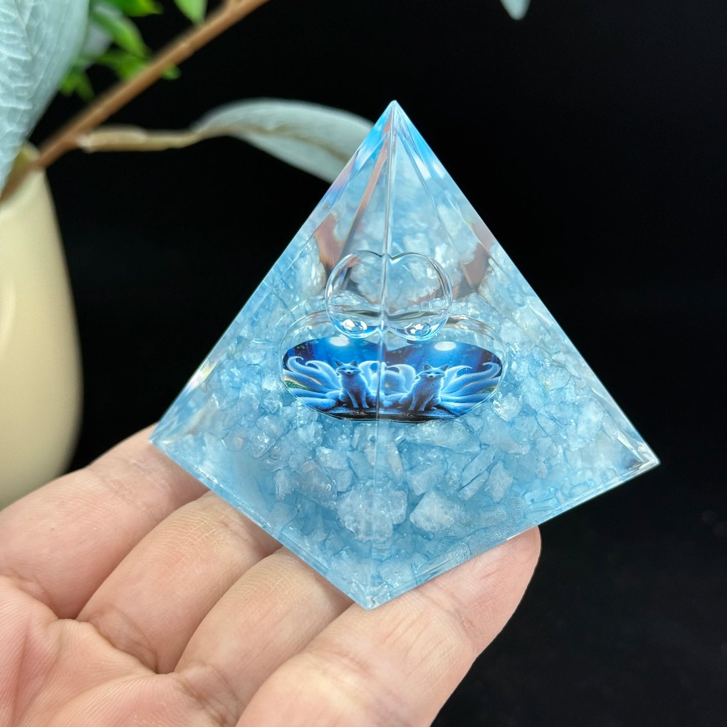 1pc Orgonite Pyramid, Aquamarine Orgonite Pyramid, Made of aquamarine crushed stone resin and transparent crystal balls