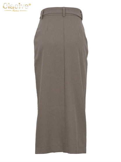 Clacive Fashion Slim Khaki Women's Skirt 2025 Bodycon High Waist Midi Skirt Elegant Classic Solid Slit Skirt Female Clothing