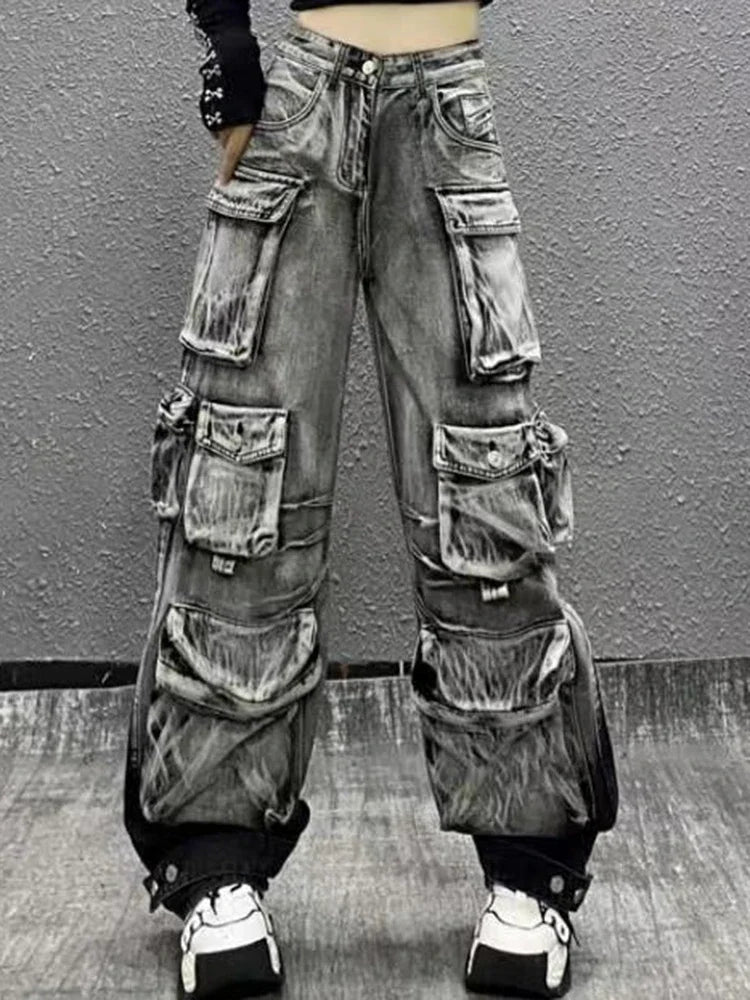 Vintage Fashion Women's Gradient Multi Pockets Jeans 2024 Winter New High Waist Buttons Cargo Denim Pants Female