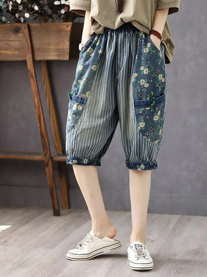 Amax luluE 2025 Summer Fashion Printed Jeans Chinese Women Casual Loose Striped Denim Pants Ladies Floral Vintage Harem Trousers