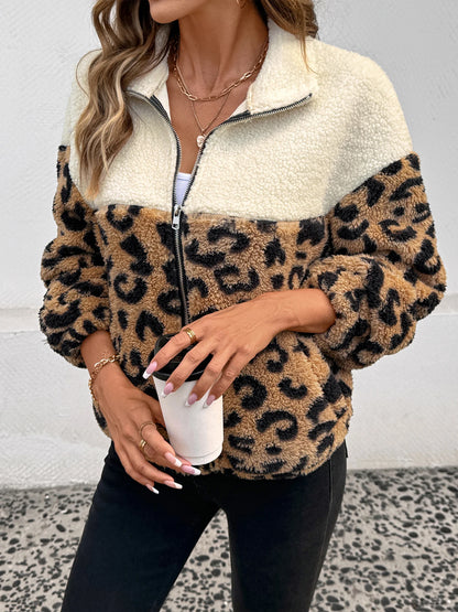 Women's Classic Leopard Print Patchwork Furry Zipper Jacket Trendy Outerwear for Cross-Border Foreign Trade