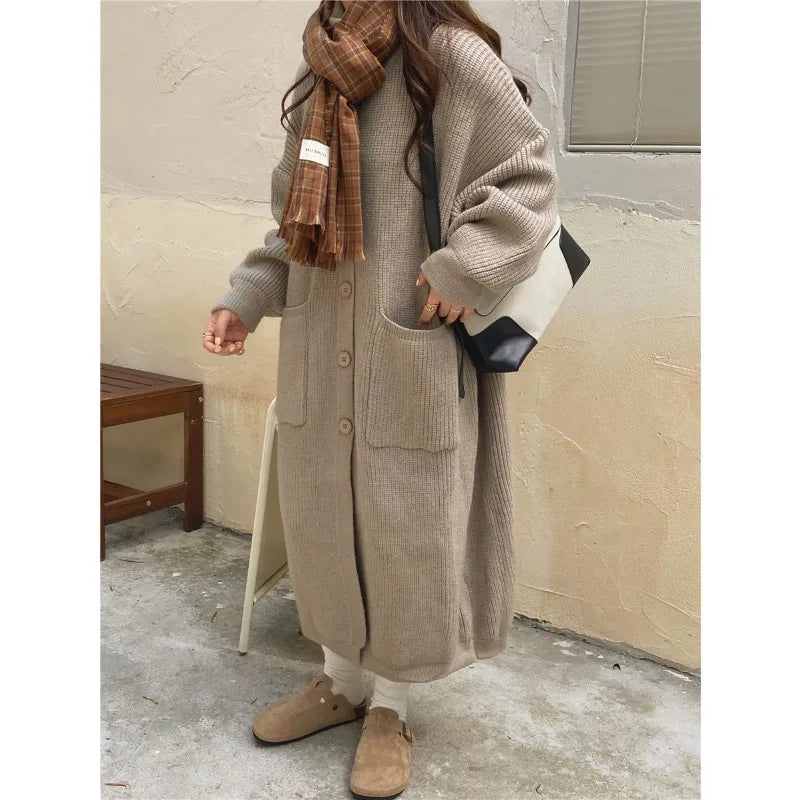 Solid Loose High Neck Women Mid Length Sweater Coat Spring Autumn Korean Single Breasted Casual Long Sleeve Knit Cardigan 6762#