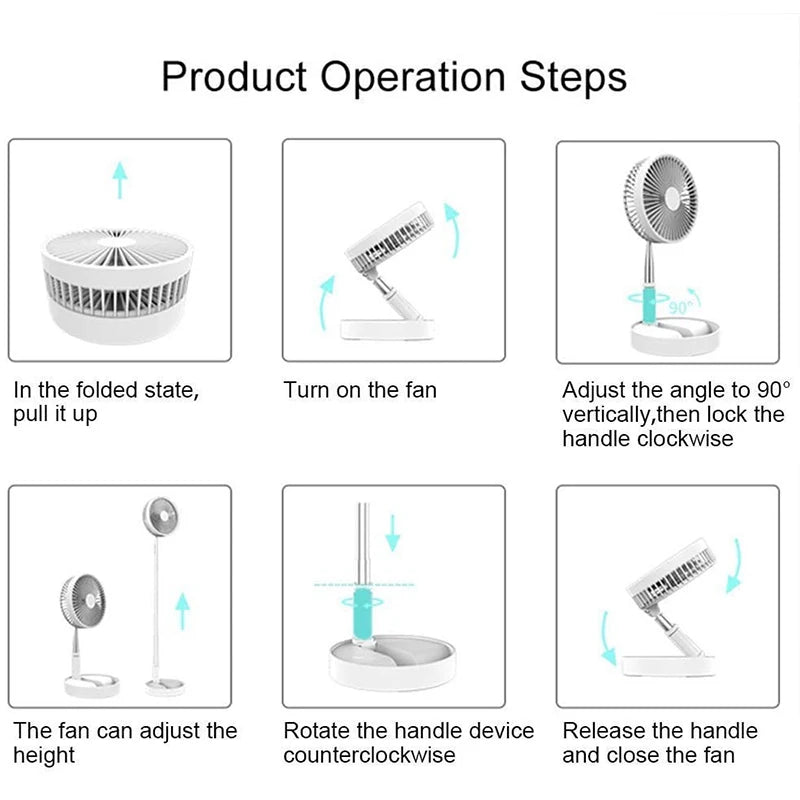 Portable Fan  Rechargeable Mini Folding Telescopic Floor Low Noise Summer Fan Cooling For Household Bedroom Office Deskto