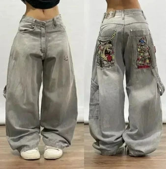 Europe and The United States Diablo Cropped Jeans Women New High Street in Summer To Do Old Creases Patch Wide Leg Pants Unisex