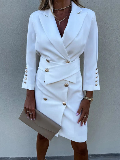 Casual Long Sleeve Blazer Beach Dress Spring V Neck Solid Slim Suit Dress Cover-Ups Elegant Women Straight Dress Bikini Cover-Up