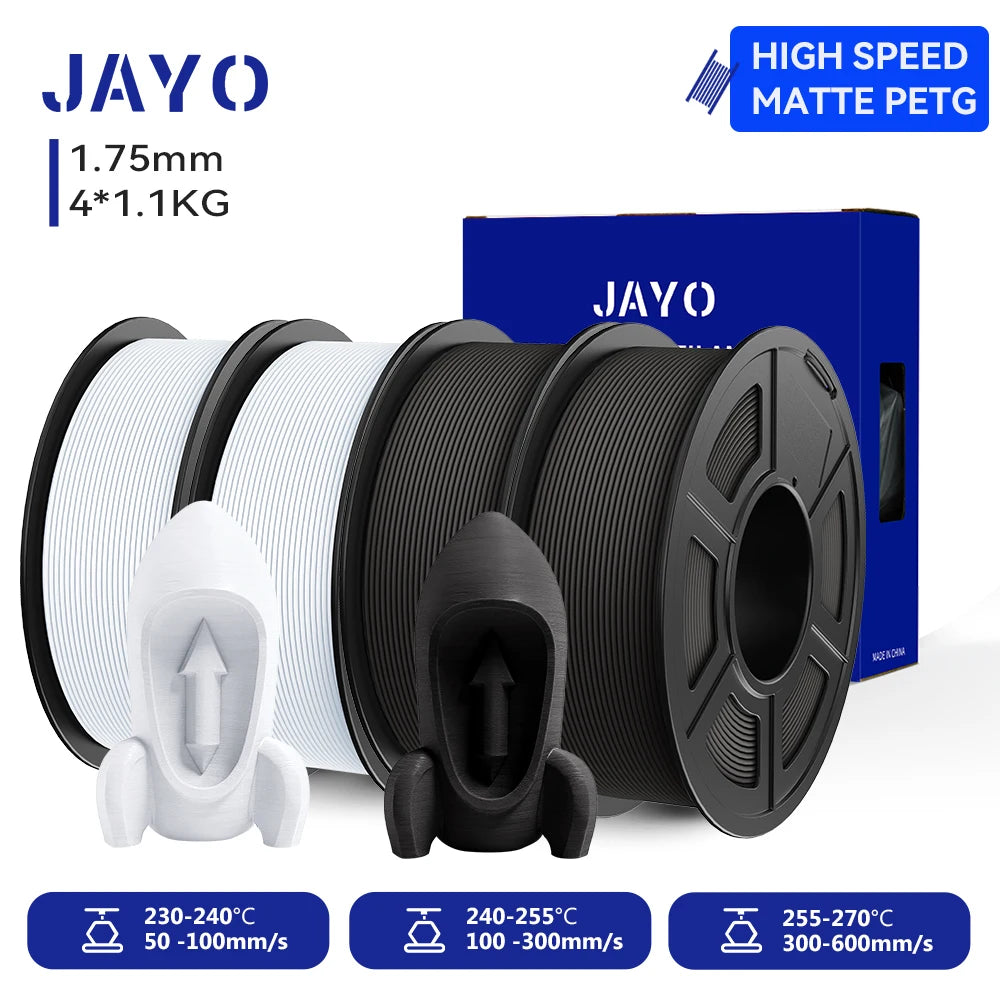 JAYO 4Rolls 3D High Speed Matte PETG 3D Filament 1.75mm 30mm/s - 600mm/s Print Range High Flow Speedy PETG 3D Printer Filament