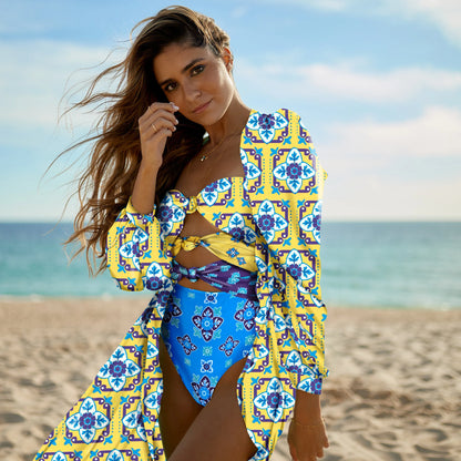 Beach Wear Print Bikini Swimwear Women Wrap Skirt Swimsuit High Waist 2025 Cover Up Sexy Sarong plage Beach Wear Bathing Suit
