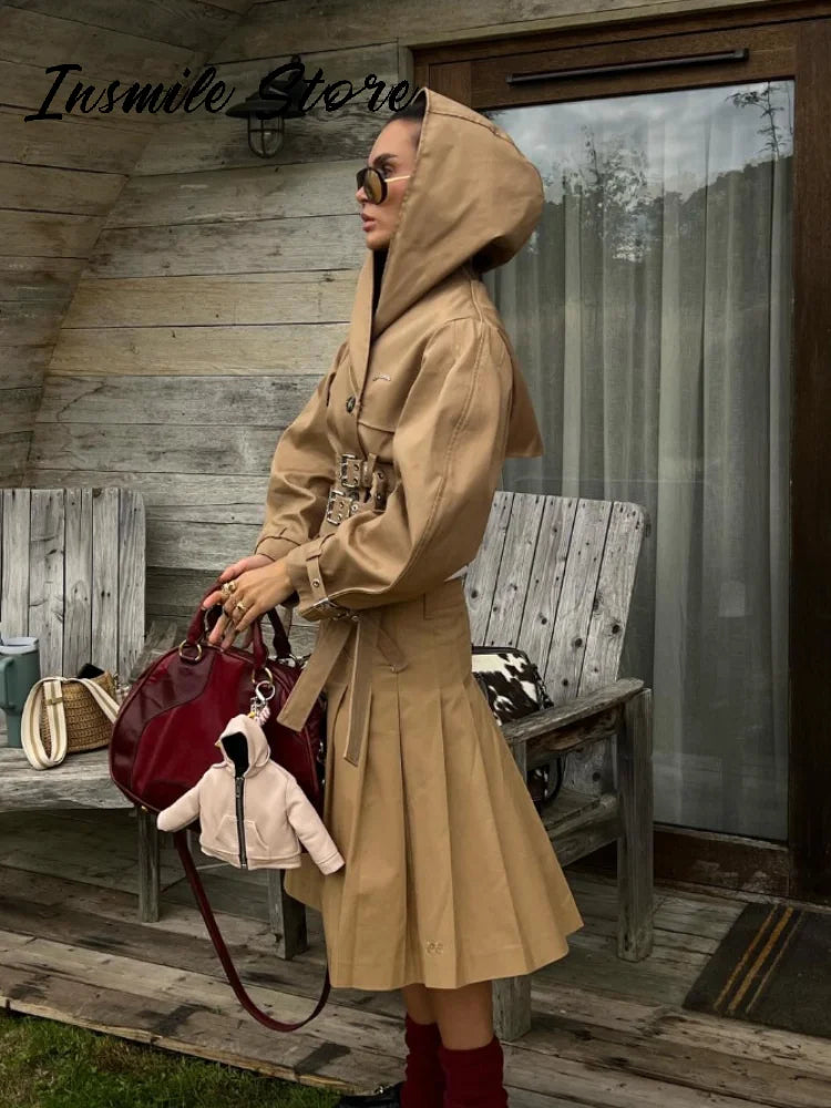 Street Hooded Double-buckle Belt Short Jacket Double Breasted Long Puff Sleeves Khaki Coat 2025 Autumn Lady Chic Outwear New