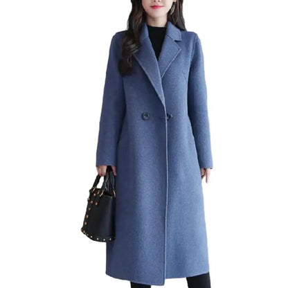 Two Buttons Woolen Coat Stylish Women's Woolen Coat Lapel Long Sleeve Two Buttons Pockets Autumn/winter Mid-length Cardigan