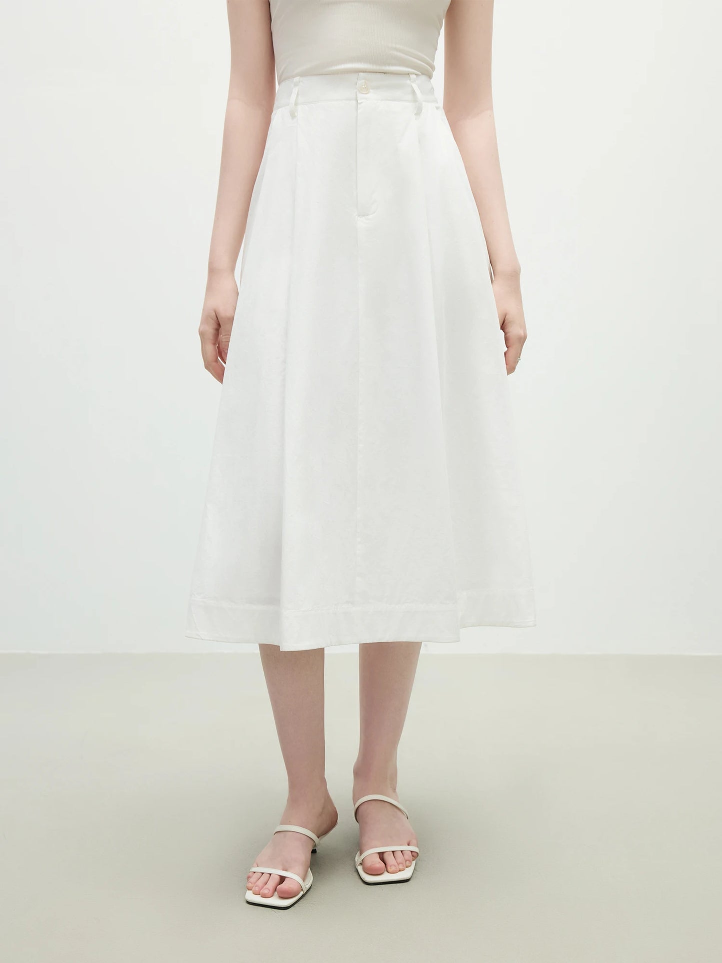 FSLE 2025 Summer French High Waist A-Line Skirt - Office Chic Ivory Midi with Adjustable Waist & Hidden Pockets 25FS12197