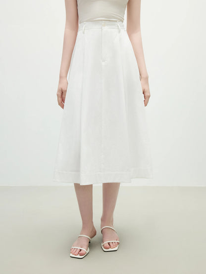 FSLE 2025 Summer French High Waist A-Line Skirt - Office Chic Ivory Midi with Adjustable Waist & Hidden Pockets 25FS12197