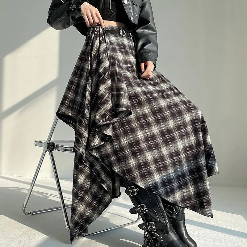Long Skirts Women Woolen Skirt 2025 Goth Lolita Autumn Winter High Waist Ruffles Asymmetrical Plaid Skirt Maxi With Belt