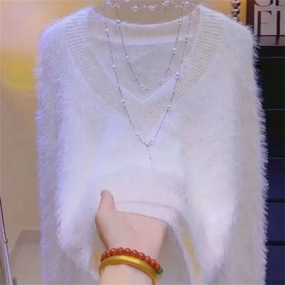 Korean Fashion Sweaters Women 2025 New Casual Mink Fur V-neck Pullover Female Autumn Winter Loose Sweater women's Clothing