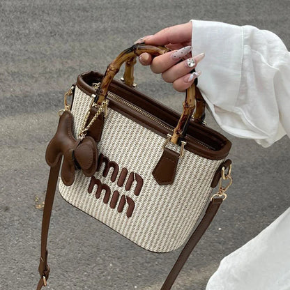 Women's Crossbody Bag Bamboo Fiber Woven Basket Bag Water Bucket Bag Zipper Closure, Versatile for Casual & Formal Occasions