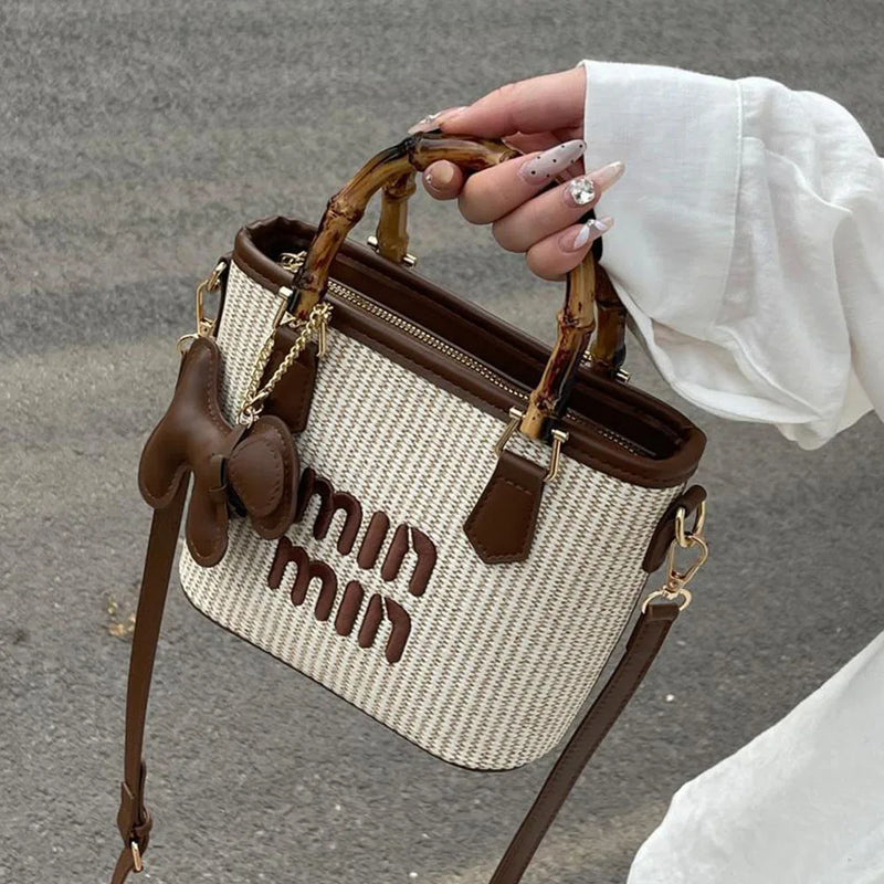 Women's Crossbody Bag Bamboo Fiber Woven Basket Bag Water Bucket Bag Zipper Closure, Versatile for Casual & Formal Occasions