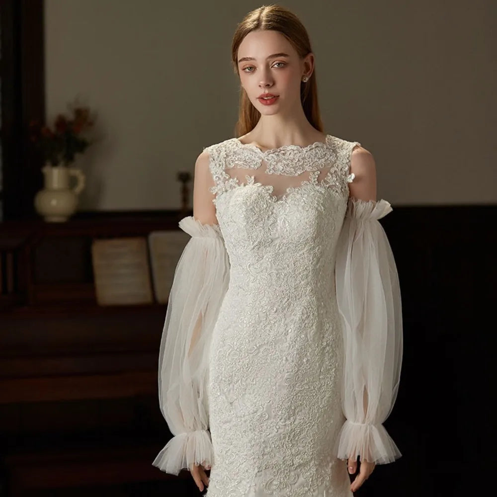 Elegant Yarn Bridal Arm Sleeves Pleated Lace Breathable Wedding Long Sleeves Thin Lantern shaped Detachable Sleeves Women