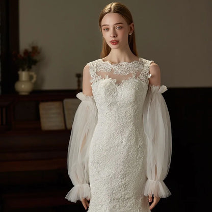 Elegant Yarn Bridal Arm Sleeves Pleated Lace Breathable Wedding Long Sleeves Thin Lantern shaped Detachable Sleeves Women