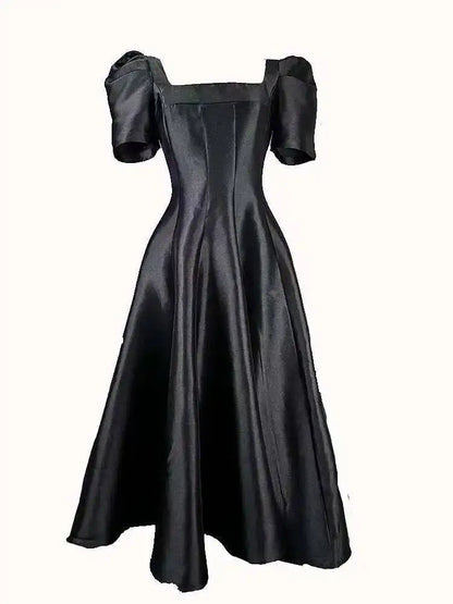 JAMERARY Summer Women Dress Long French Hepburn Style Fashion Party Elegant Square Collar Short Sleeve Midi Vestidos Party Robe