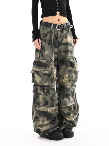 American Vintage Multi-pocket Camouflage Overalls Pants Women Y2K Streetwear Wide Leg Pants Popular Casual Straight Pants