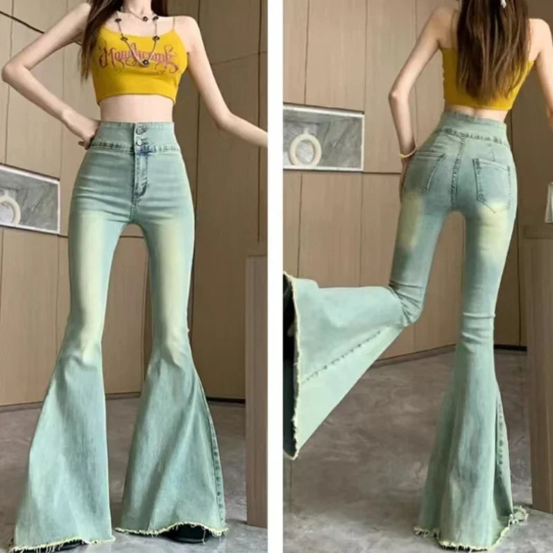 Lucyever Aesthetic Hot Skinny Flare Jeans Women Vintage Slim Fit High Waist Denim Pants Woman Y2K Streetwear Wide Leg Trousers