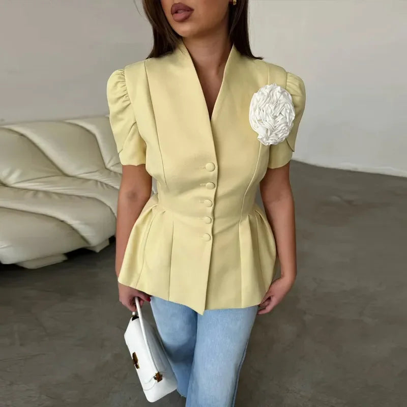 Fashion Women's 3D Flower Fitted Jacket V-neck Single Breasted Short Sleeve Slim Waist Jackets 2025 Summer Lady Outwears New