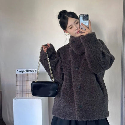 Women Faux Wool Coats Winter Thick Stand Collar Loose Casual Preppy Sweet Jacket Japanese Long Sleeve Button Vintage Outwear New